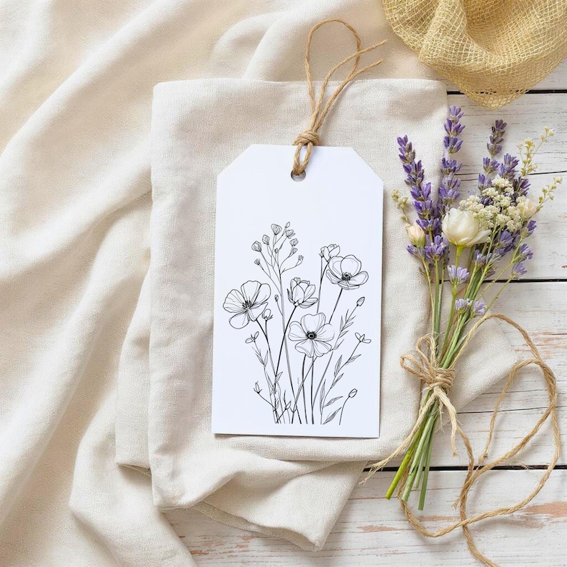 Botanical Gift Tags: Wildflower Line Art, Rustic Kraft String (Set of 8) bild 2