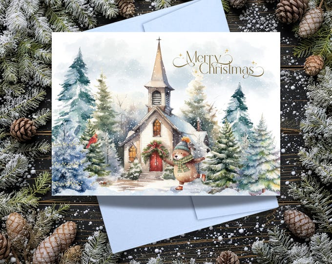 Ice Skating Bear Christmas Card: Watercolor Chapel Scene Holiday Greeting