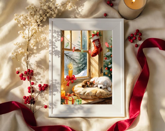 Christmas Puppy & Kitten Watercolor Print: Cozy Holiday Window Scene