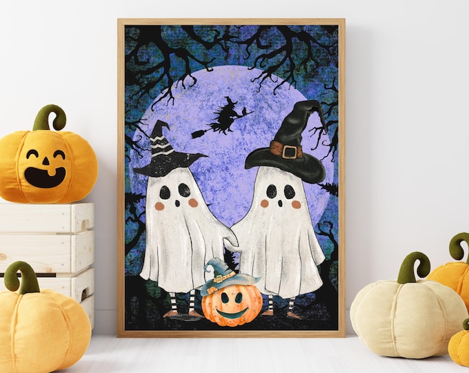 Ghosts Trick or Treating Halloween Art Print, Cute Halloween Ghosts Wall Decor, Witch Pumpkin and Ghosts Print, Ghosts Holding Hands Art