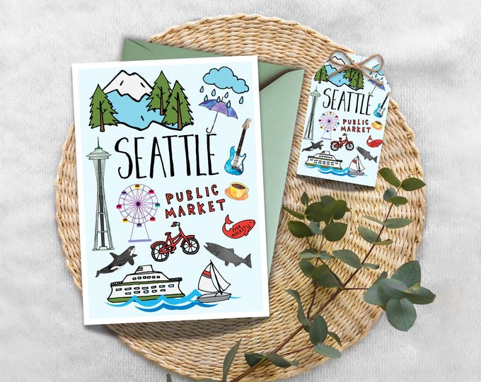 Seattle Greeting Card, Washington State Note Card, Pacific Northwest Stationery, Pike Place Market Card, Seattle Space Needle, Emerald City