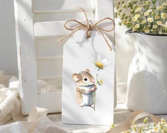 Printable Mouse Gift Tags, Digital Spring Gift Tags with Cute Floral Mice, Farmhouse Animal Tags for Baby Showers, Easter, Birthdays + Her
