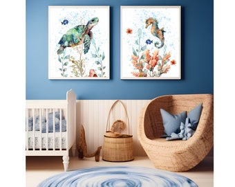 Sea Turtle Wall Art, Seahorse Art Print, Watercolor Sealife Art, Coastal Decor, Beach House Wall Art, Nursery Seaturtle, Nautical Wall Print