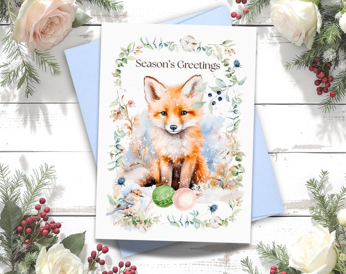 Watercolor Fox Christmas Card: Rustic Woodland Holiday Greetings