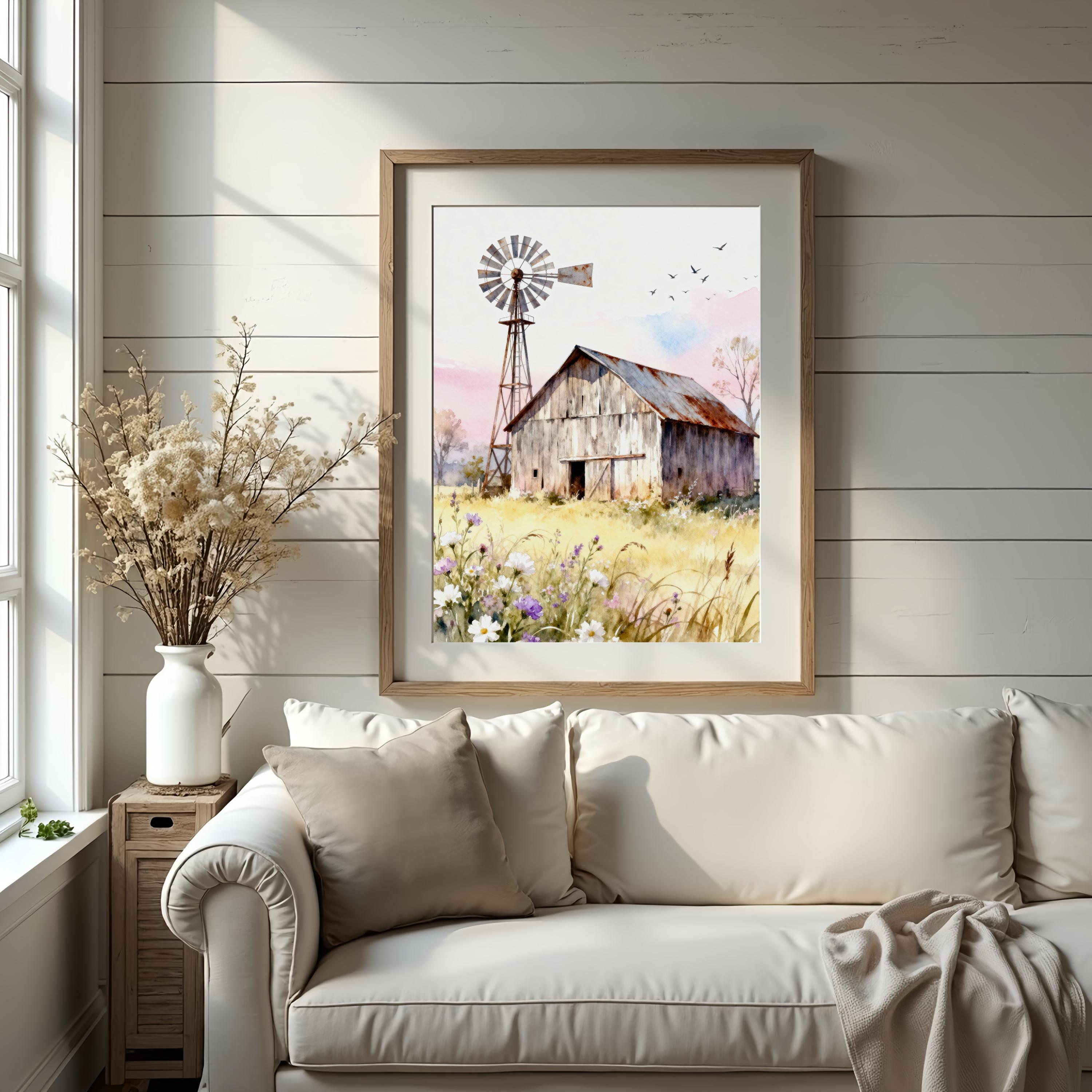 Rustic Barn Windmill Art Print: Farmhouse Landscape Wall Decor With ...