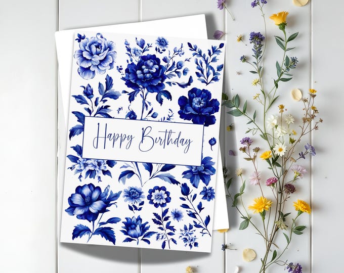 Happy Birthday Blue Floral Chinoiserie Card: Elegant Botanical Greeting Card