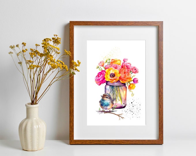 Floral Wall Decor, Ranunculus Wall Print, Nature Illustration, Pink Botanical Decor, Watercolor Ranunculus Print, Pretty Floral Bouquet
