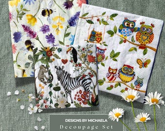 Whimsical Animals Decoupage Napkins for DIY Projects, Spring Napkins With Bees Owls & Safari Animals for Crafting, DIY Gift For Birthday