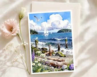 Coastal Sailboat Card: Ocean Shoreline Nature Greeting Card