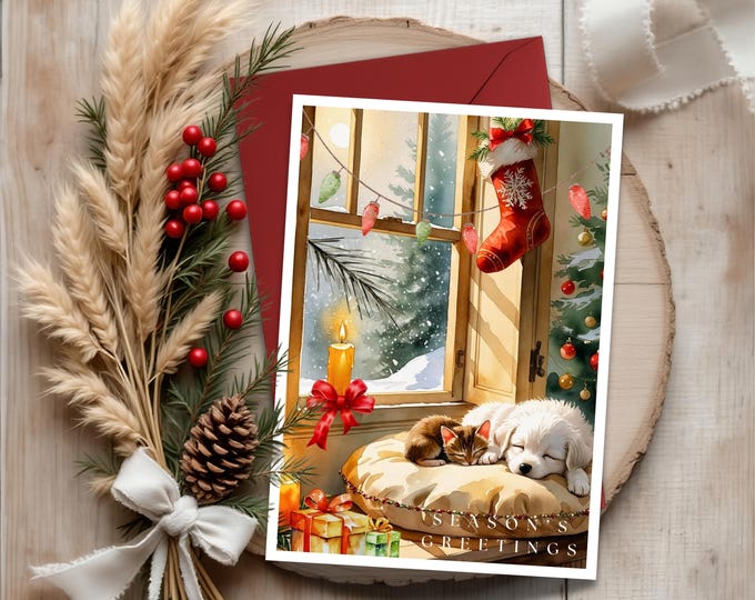Season's Greeting Card with Cute Puppy & Kitten by Candlelit Window, Customizable Puppy Christmas Gift Tags, Cozy Christmas Watercolor Card
