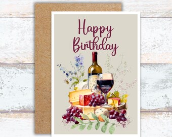 Wine and Cheese Birthday Greeting Card, Watercolor Wine Bottle, Gourmet Food Birthday Card, Foodie Lover Birthday, Birthday for Wine Lover