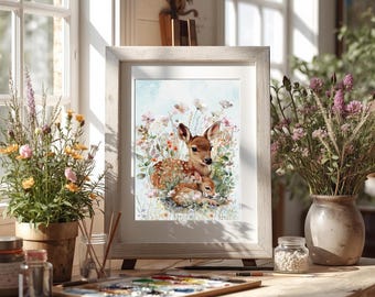 Deer and Fawn Floral Art Print – Woodland Baby Animal Watercolor, Cottagecore Nursery Wall Art