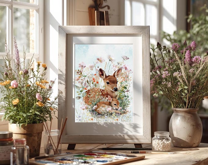 Deer and Fawn Floral Art Print – Woodland Baby Animal Watercolor, Cottagecore Nursery Wall Art
