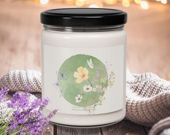 Japandi Floral Scented Candle, Elegant Japandi Flowers and Butterflys Soy Candle, Minimalist Japandi Home Decor, Harmonious Botanical Candle