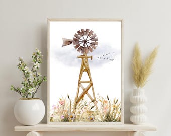 Rustic Watercolor Windmill in Flower Fields Wall Art Print, Farmhouse Windmill in Wildflowers Wall Decor, Lover of Windmills Cottage Decor