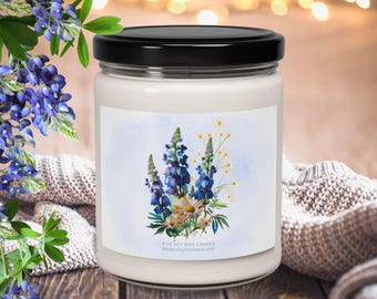 Bluebonnet Bouquet Scented Candle, Watercolor Bluebonnet Soy Candle, Texas Bluebonnet Flower Gift, Lover of Lupine Floral Decor, For Her