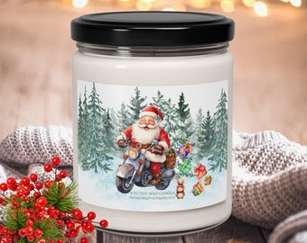 Santa on a Motorcycle Scented Candle, Christmas Santa Riding a Motorcycle in Snow Soy Candle, Lover of Motorcycles Gift, Santa Home Decor
