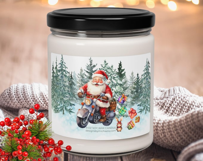 Santa on a Motorcycle Scented Candle, Christmas Santa Riding a Motorcycle in Snow Soy Candle, Lover of Motorcycles Gift, Santa Home Decor