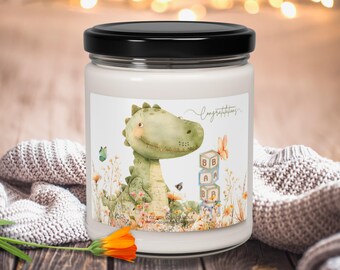 Congratulations on New Baby Plush Dinosaur Scented Candle, Watercolor Dinosaur New Baby Soy Candle, Dinosaur in Flowers Neutral Baby Candle