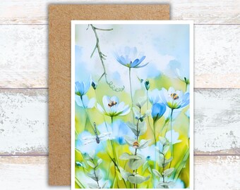 Blue Flowers and Whimsical Bees Watercolor Greeting Card, Nature Lover Blue Floral Writing Stationery, Soft Blue Minimalist Floral Cards