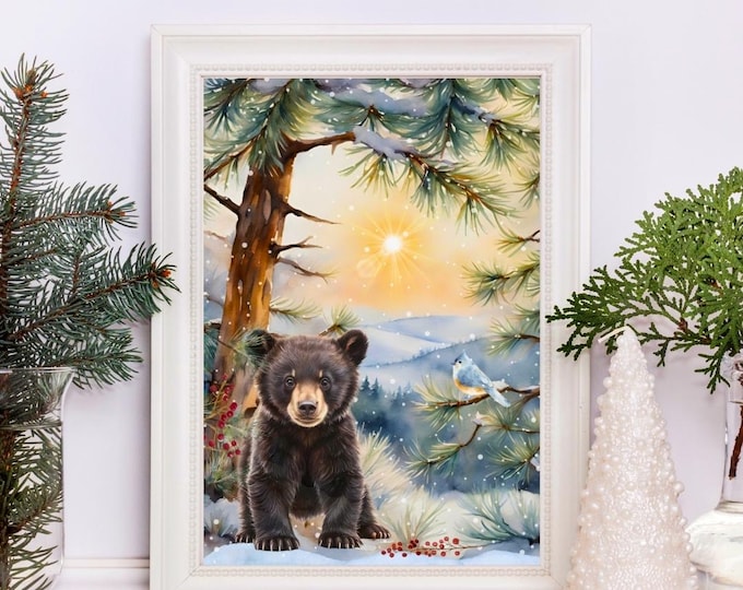 Baby Black Bear in Winterscape Watercolor Art Print, Winter Bear in Snow Covered Mountains Wall Art Decor, Lover of Bears Forest Winterscape
