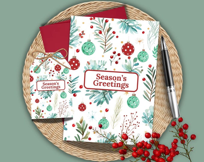 Pickleball Christmas Greeting Card: Season's Greetings Watercolor Design