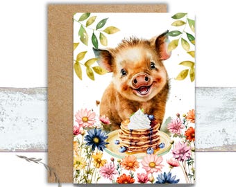 Pig Eating Pancakes Greeting Card, Farmhouse Note Cards, Cute Watercolor Pig Stationery, Farm Animal Note Card, Farm Lover Stationery