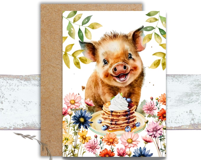 Pig Eating Pancakes Greeting Card, Farmhouse Note Cards, Cute Watercolor Pig Stationery, Farm Animal Note Card, Farm Lover Stationery