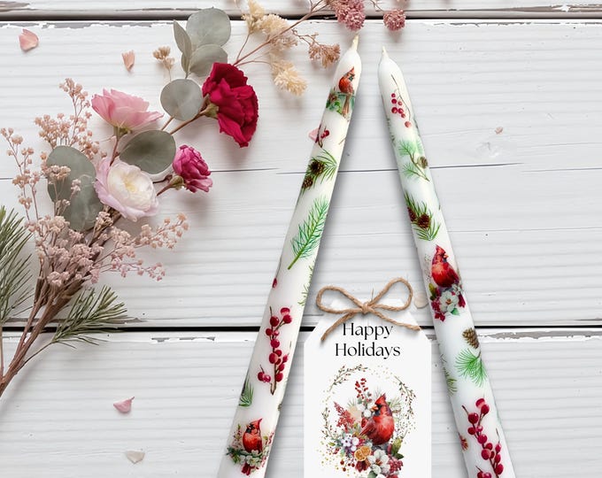Cardinal & Holly Taper Candles: Christmas Cottagecore Decor in Gift Box