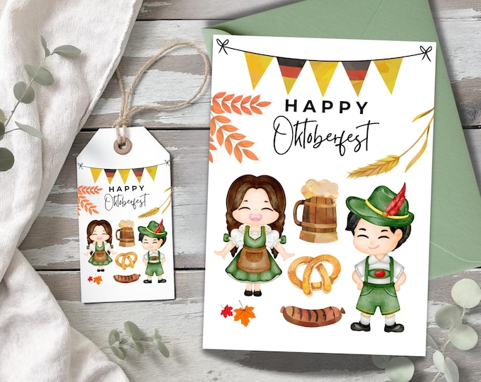 Happy Oktoberfest Watercolor Greeting Card, Cute October Celebration Writing Cards, German Beer and Pretzel Card, Prost Greeting, Lederhosen