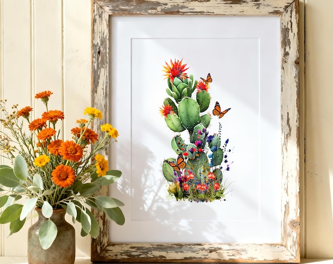 Cactus and Butterfly Art Print: Southwest Desert Decor