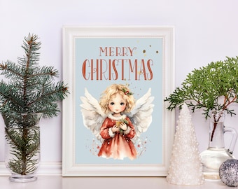 Christmas Angel Watercolor Wall Art Print, Holiday Angel with Wings Wall Decor, Pretty Angel Child Home Decor, Angel Lover Holiday Gift