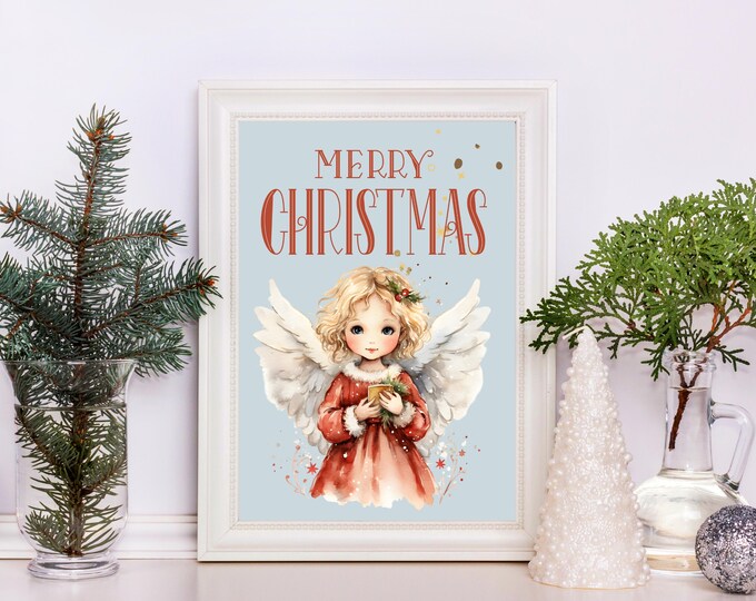 Christmas Angel Watercolor Wall Art Print, Holiday Angel with Wings Wall Decor, Pretty Angel Child Home Decor, Angel Lover Holiday Gift