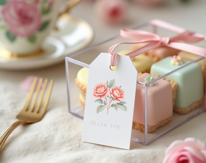 Blush Roses Printable Thank You Gift Tags, Elegant DIY Floral Tag Set for Bridal Showers, Packaging, Baby Gifts, + Tea Party Favors for Her