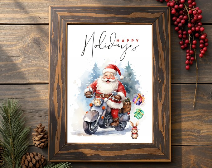 Watercolor Santa Motorcycle Print: Funny Holiday Wall Art