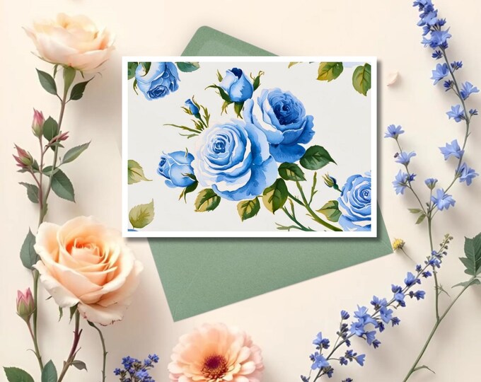 Blue Vintage Rose Bush Personalized Stationery, Blue Cottagecore Roses Customized for Her, Pretty Blue Vintage Rose Editable Birthday Cards