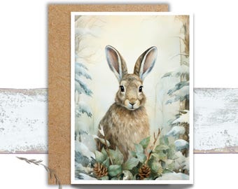 Winter Rabbit Greeting Card, Watercolor Hare Holiday Card, Vintage Winter Scene, Christmas Bunny Stationery, Rabbit in the Snow Writing Card