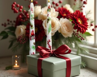 Christmas Cardinal and Holly Taper Candles, Red Cardinal and Pine Candlesticks, Cardinal Christmas Decor, Christmas Housewarming Candle Gift