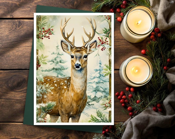 Watercolor Winter Deer Greeting Card: Vintage Holiday Stationery