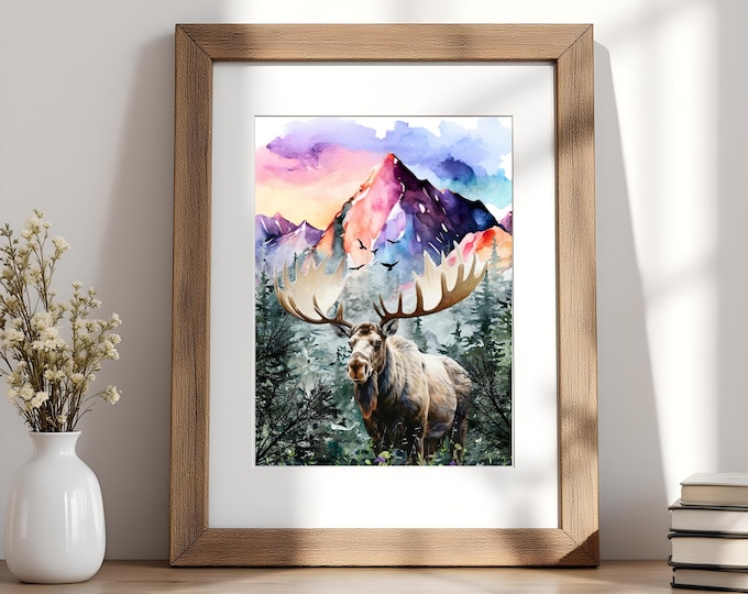 Watercolor Moose Print: Rustic Mountain Cabin Wall Art