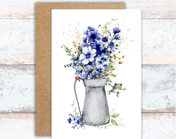 Rustic Watering Can with Blue Floral Bouquet Card + Tag Set, Blue Flowers and Jumping Frog Greeting Card, Cottagecore Floral Bouquet Cards