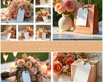 Boho Floral Gift Tag Mockup Bundle, Rustic Wedding and Stationery Tag Photography for Product Display, Romantic Tag Mockup with Champagne