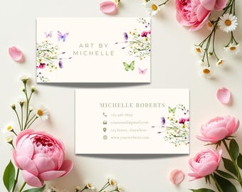 Wildflowers and Butterflys Watercolor Business Cards, Personalized Floral Cards for Artists, Wedding Vendors, Elegant Botanical Cards