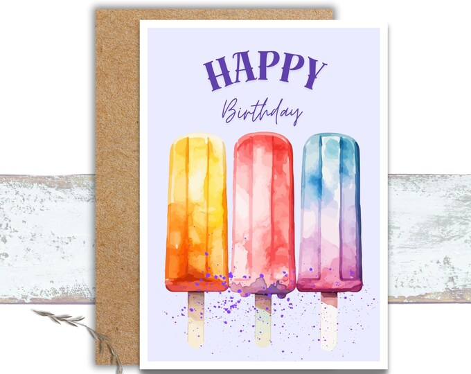 Happy Birthday Popsicle Greeting Card, Watercolor Popsicle Birthday Greeting, Purple and Pink Popsicle, Summer Birthday Card,Cold Treat Card