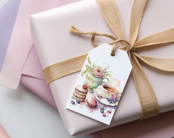 Pretty Floral Tea Cup and Macarons Watercolor Gift Tags Set of 9, Vintage Tea Time Pretty Tags for Gifts, Cottagecore Tea Cup Tags for Party