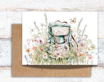 Wildflower Backpack Watercolor Greeting Card, Lover of Hiking and Camping Writing Cards, Hiking Girl Botanical Backpack, Nature Lover Cards