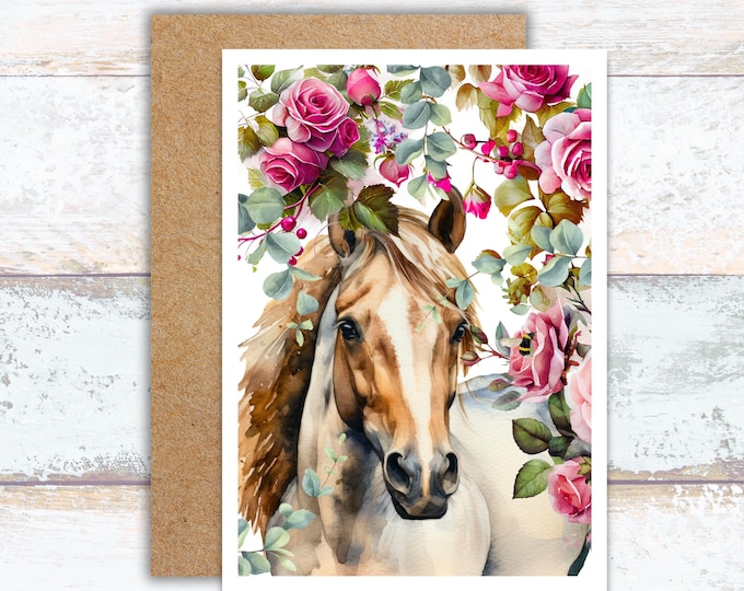 Horse in Flowers Watercolor Greeting Card, Horse in Rose Frame, Lover of Horses Stationery, Horse Lover Birthday Card, Horse in Nature Card