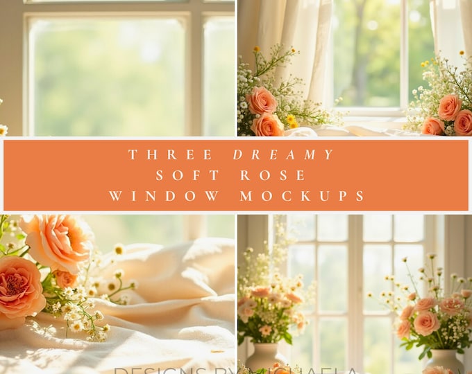 Soft Rose Window Mockup Set, Dreamy Floral Photography Backdrops for Candle Labels, Art Prints, Soaps, Product Packaging & Feminine Branding