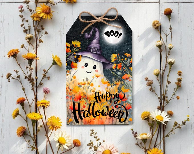 Halloween Ghost Treat Gift Tags Print From Home, Set of 10 Digital Tags with Boo Moon, Witch Hat Ghost & Fall Florals, Cute Halloween Favors