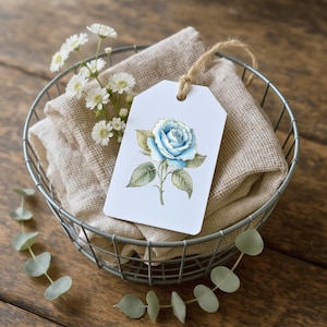 Étiquette cadeau rose bleue, Étiquette florale imprimable pour mariage, Cadeau printanier, Fête prénatale, Emballage style campagnard, Étiquettes élégantes pour garden-party